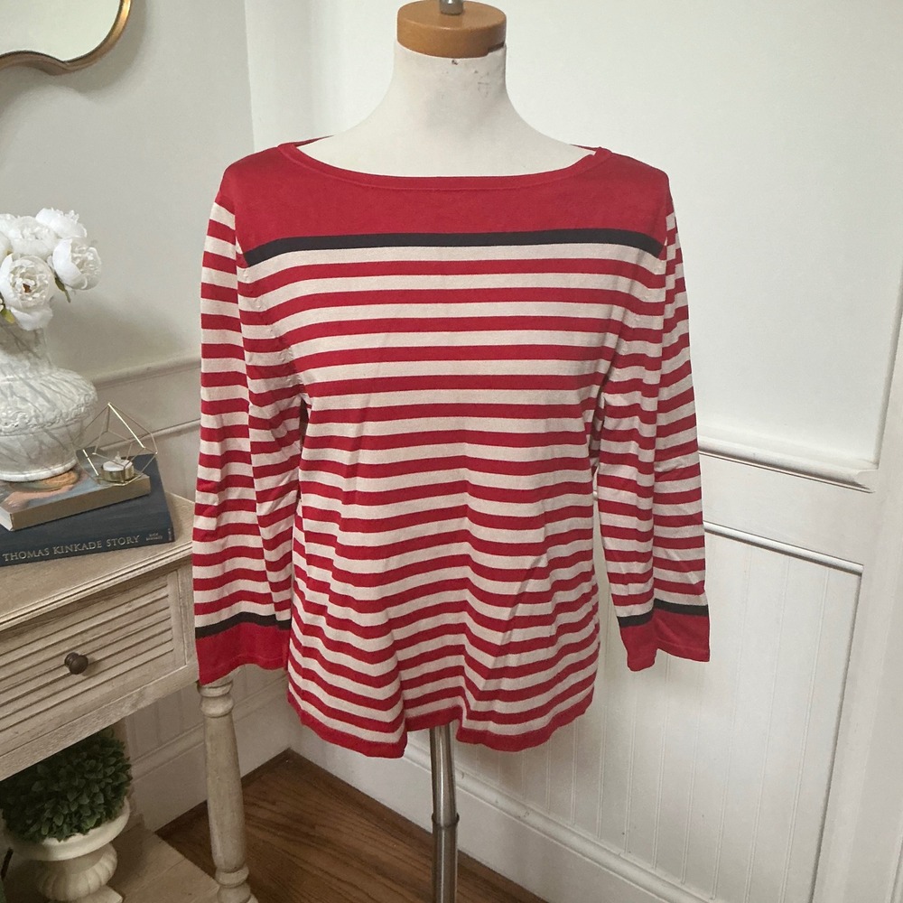 Pendleton Red White Striped Boat Neck 3/4 Sleeve Knit Top Nautical Coastal L